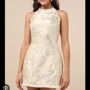 Lulus Zinya Pale Yellow Jacquard Lurex Halter Mini Dress